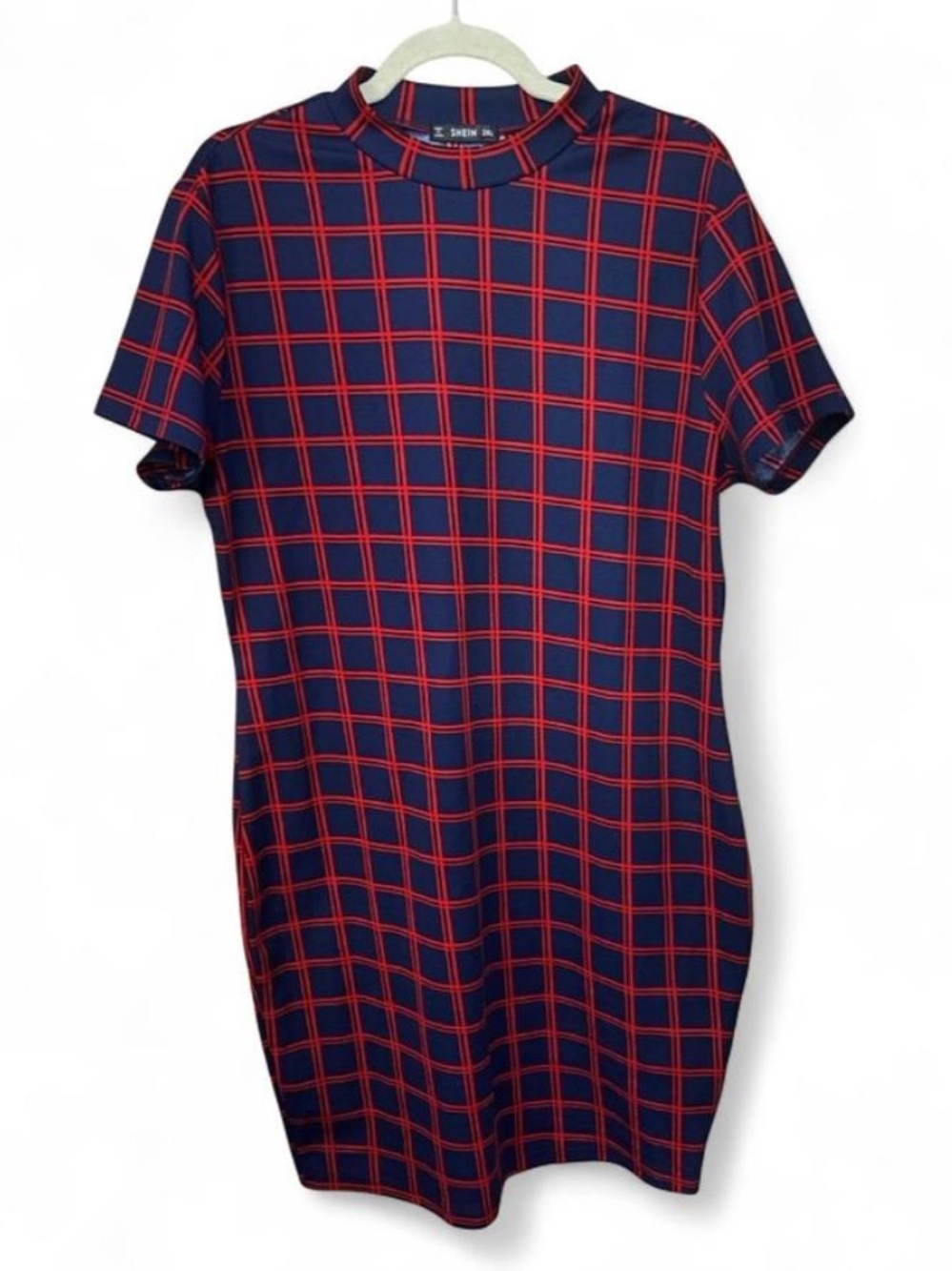 Navy Red Windowpane Plaid Mock Neck Short Sleeve Knee Length Sheath Dress 2XL